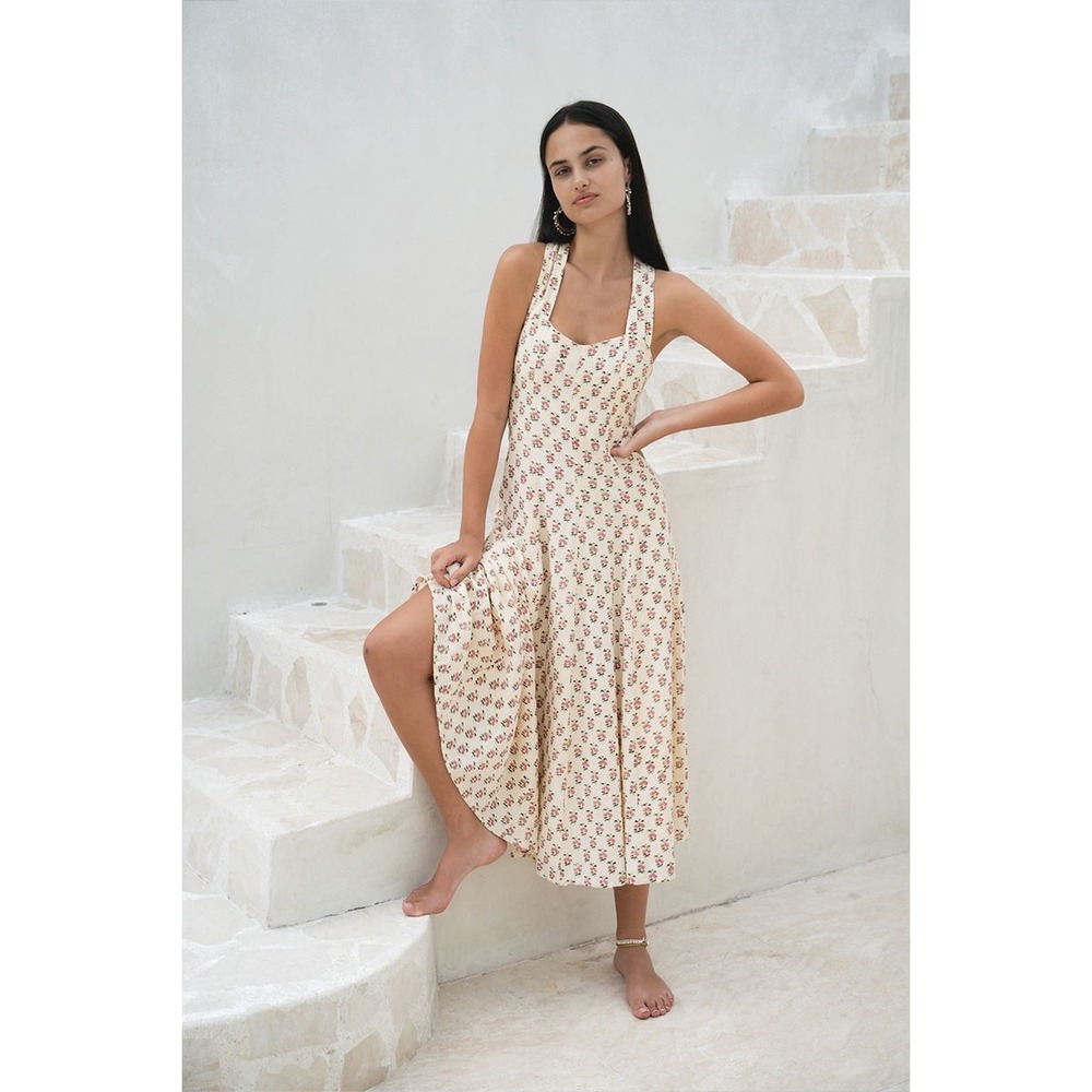 Daughters of India Lalika Dress Peony Block Print Floral Cotton Cross Back Midi